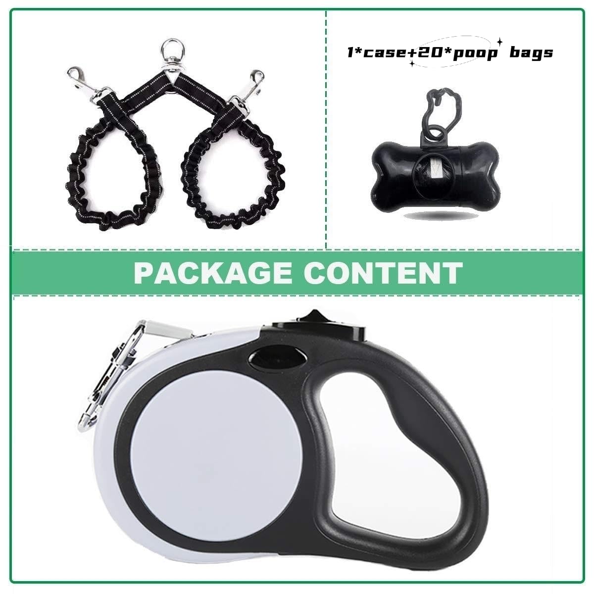 Dual Retractable Dog Leash for 2 Large Dogs (Up to 110 Lbs Each) - Double Headed 16 ft Extendable Pet Leash with Poop Bags, Non