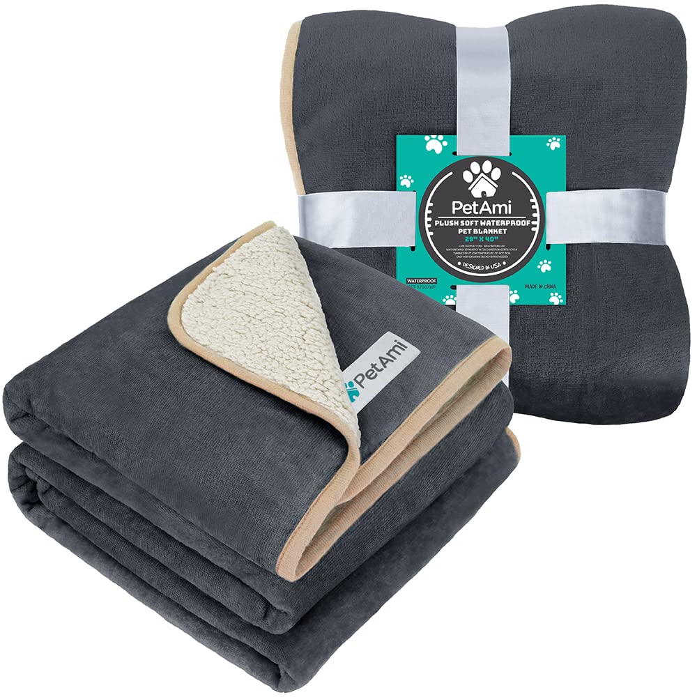 Petami Waterproof Dog Blanket For Small Medium Dogs, Pee Proof Pet Blanket Sherpa Fleece Couch Cover, Reversible Cat Throw Bed Sofa Protector, Soft Plush Washable Pad (Medium 29X40, Gray/Beige)