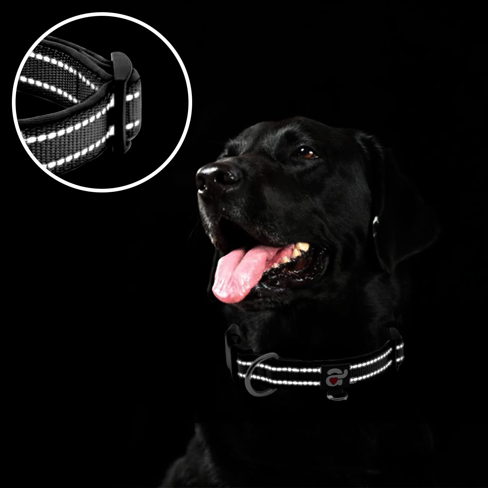Azuza Reflective Dog Collar,Soft Neoprene Padded Pet Collar With Id Tag Ring,Adjustable For Medium Dogs,Black,M