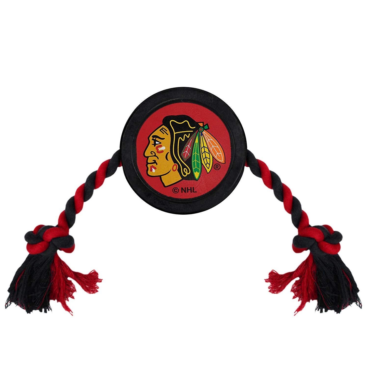 Pets First Rubber Dog Toy - Heavy-Duty Rope Tug With Nhl Chicago Blackhawks Puck. Play Hockey With Your Pet!