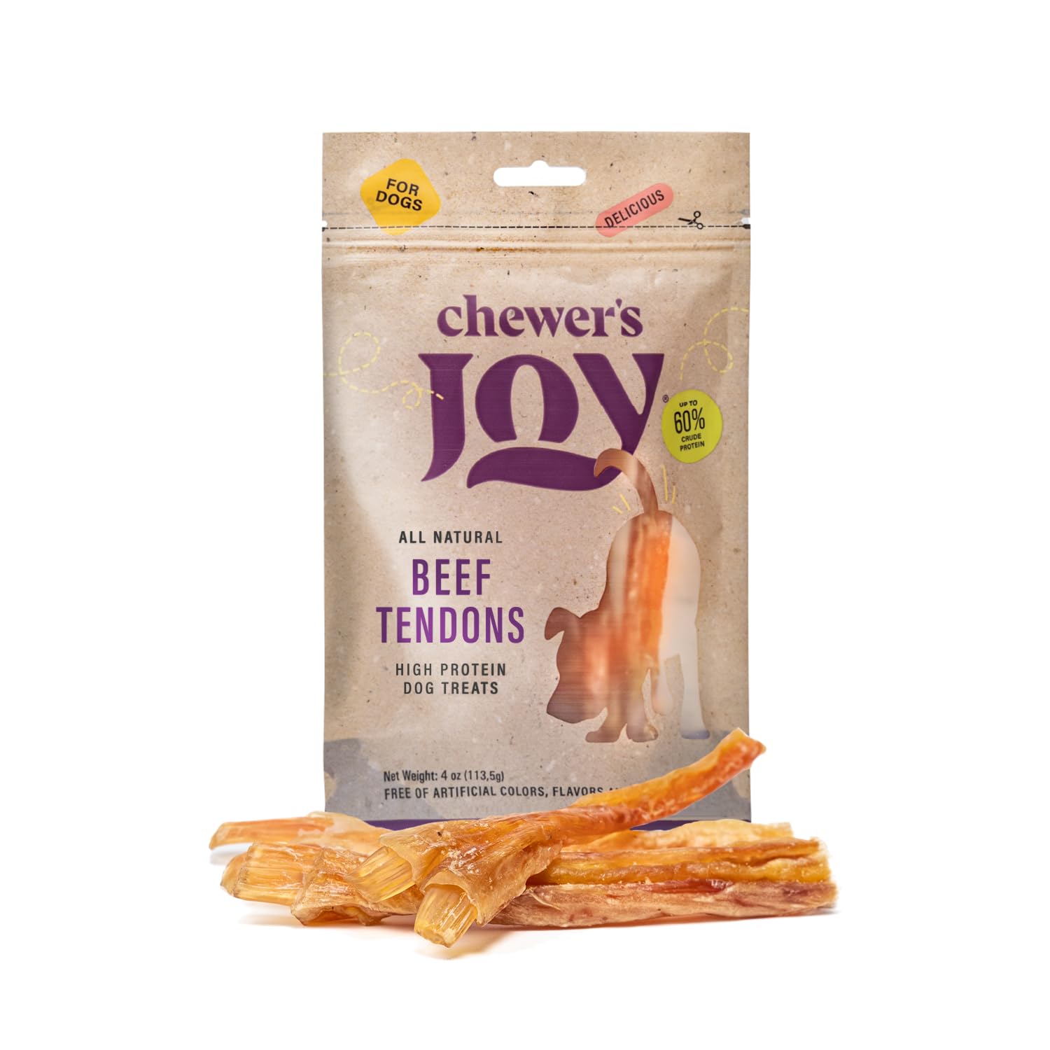 Chewers Joy Beef Tendons 5-6 (4oz) - Natural Dog Treats - Single Ingredient Long-Lasting Chews, High Protein