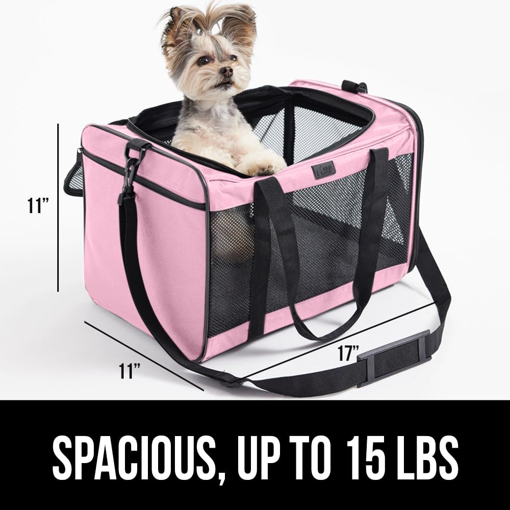 Gorilla Grip Airline Travel Cat Carrier Bag Up To 15 Lbs, Breathable Mesh Collapsible Pet Carriers For Small, Medium Cats, Small Dogs, Puppies, Portable Kennel With Soft Washable Waterproof Pad Pink