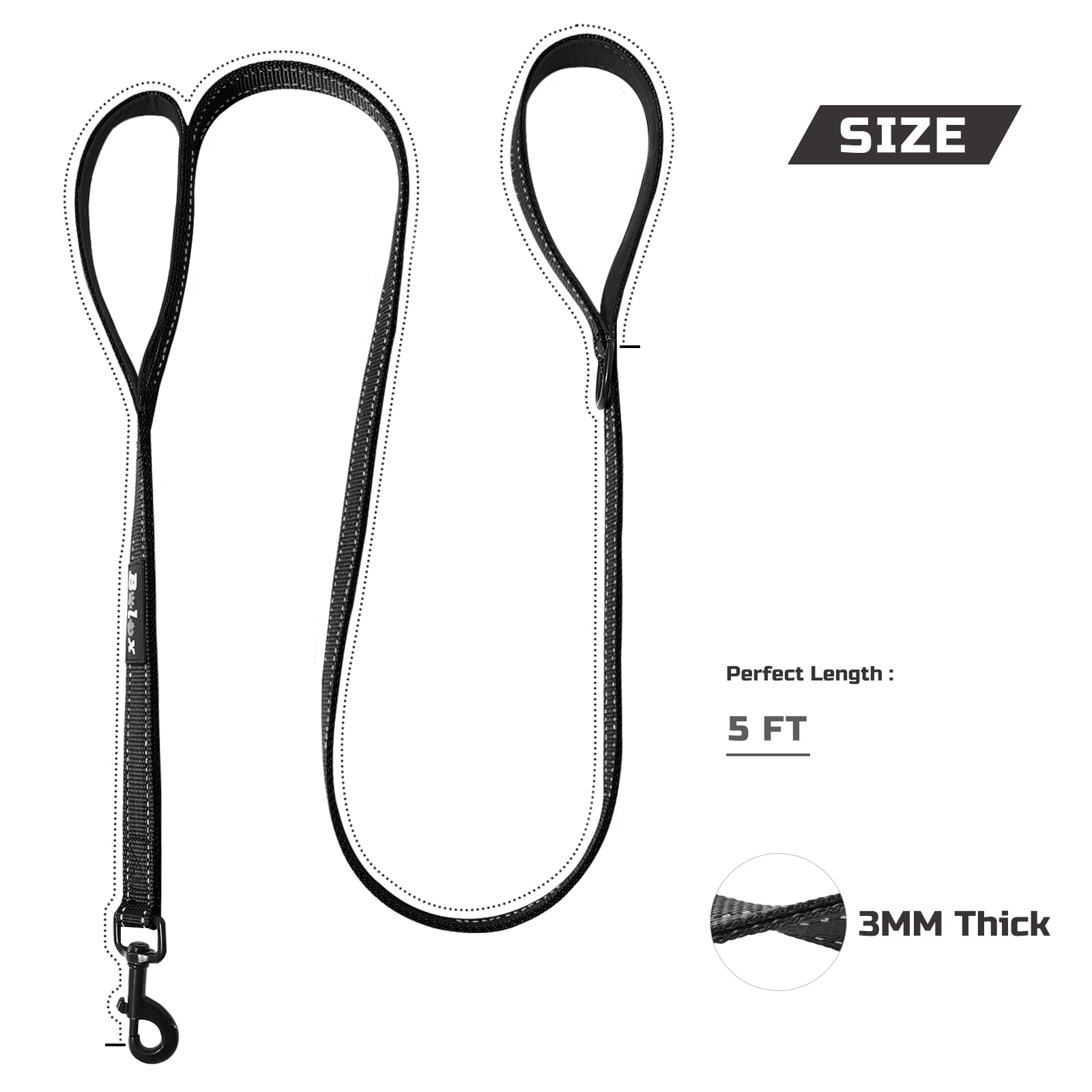 Bolux 3M Reflective Dog Leash 5Ft Long With Traffic Padded Handle, Heavy Duty, Double Handle Lead For Greater Control Safety Tra