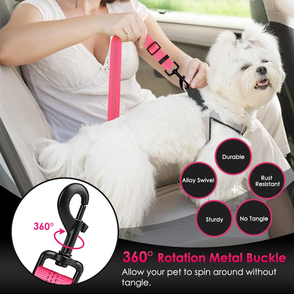 Slowton 2 Pack Dog Seat Belt, 2 In 1 Attachment, Hook Latch Bar Or Seatbelt Buckle With Elastic Nylon Bungee Buffer Adjustable Reflective Nylon Safety Belt Tether Connect To Dog Harness (2Pack-Fl)