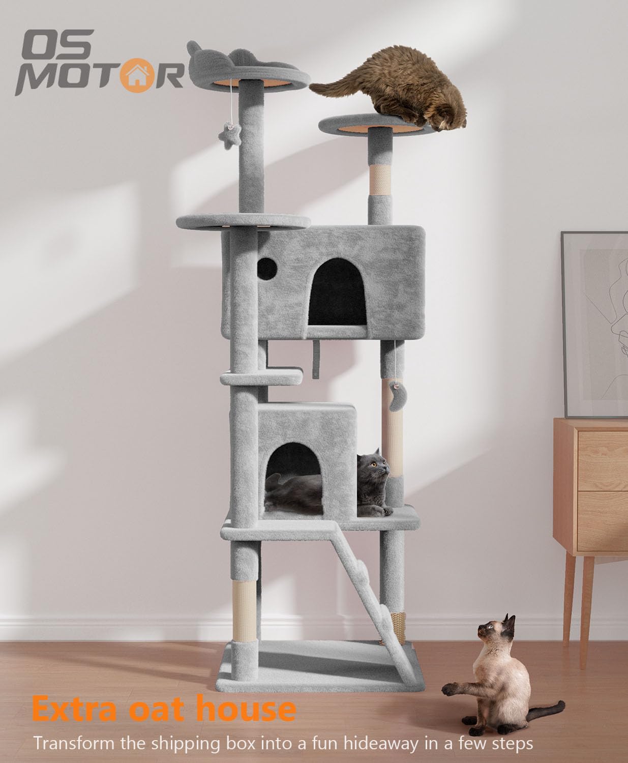 Os Motor 70'' Cat Tree Tower For Indoor Cats Large Adult,Cute/Tall Modern Cat Tree For Big Cats 20 Lbs,Plush Multi-Level Cat Con