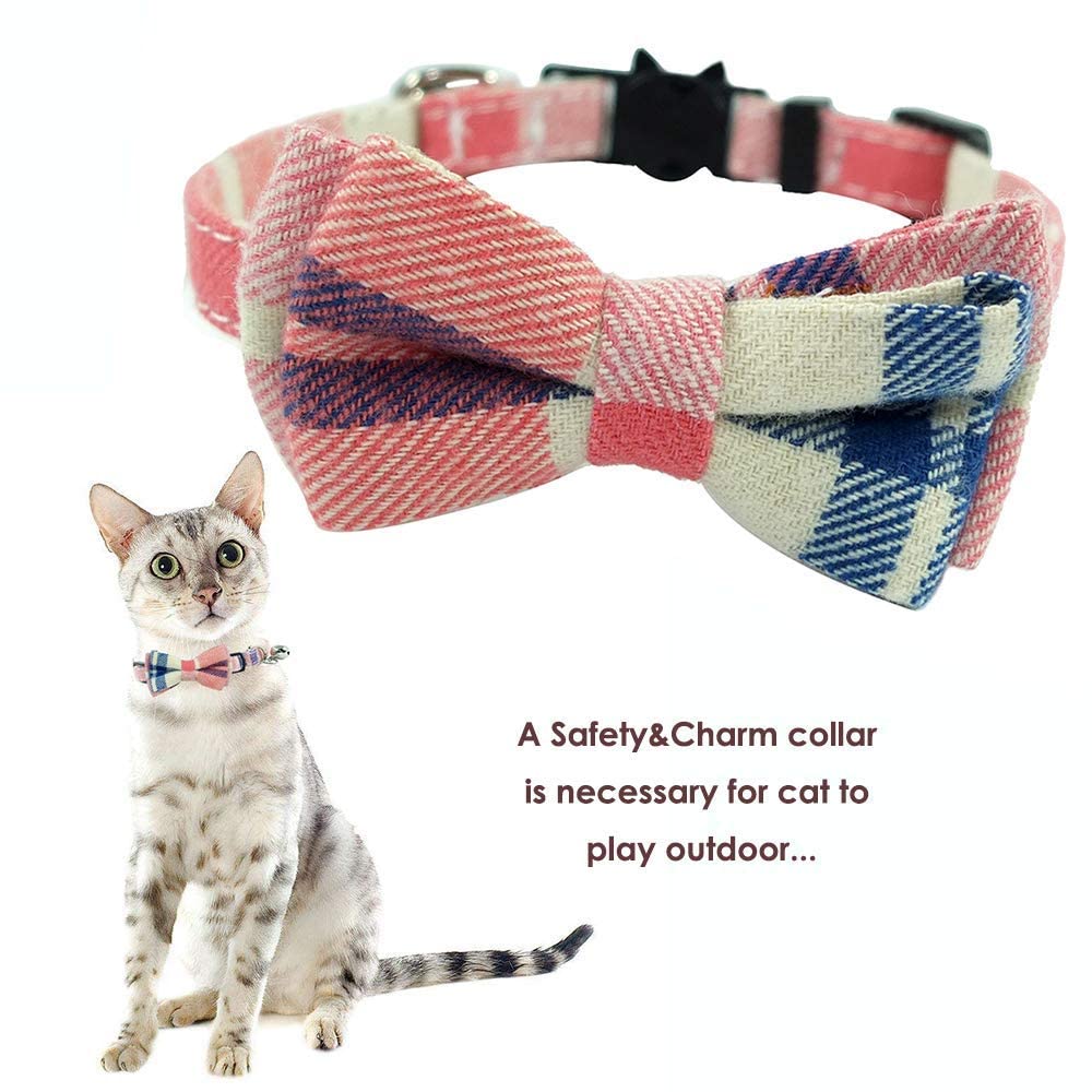 Cat Collar Breakaway With Bell And Bow Tie, Plaid Design Adjustable Safety Kitty Kitten Collars(6.8-10.8In)(Pink Plaid 2)