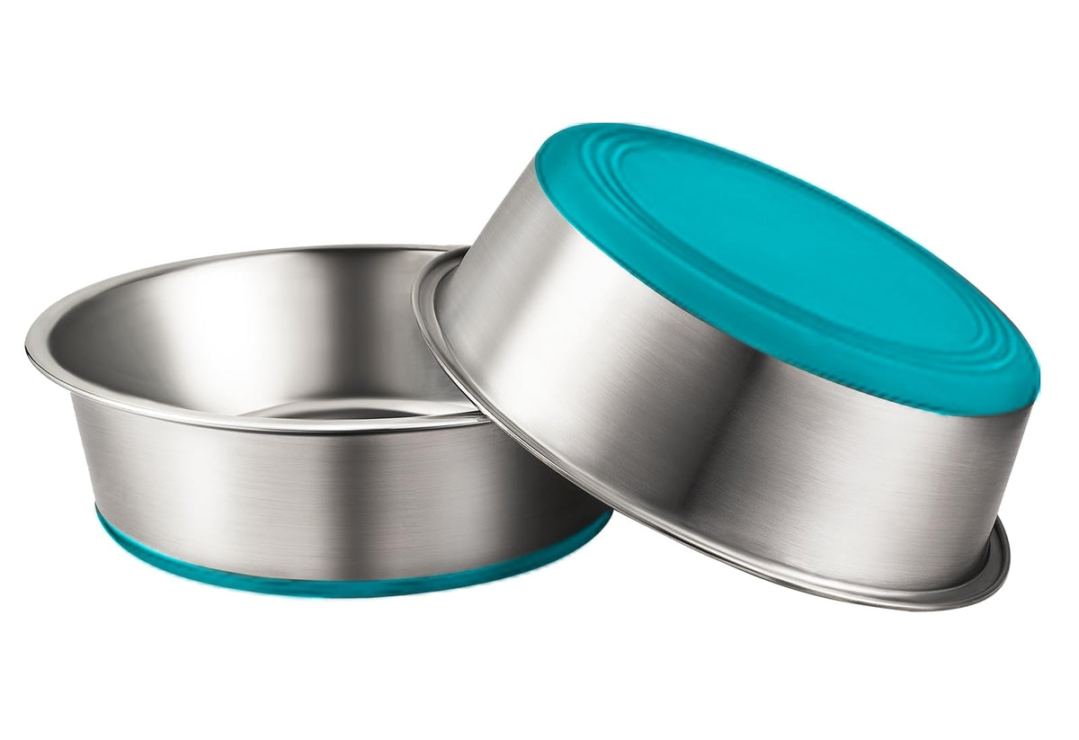 Urbuddies 2 Pack Stainless Steel Cat Bowls, 2 Cup, Turquoise Bottom