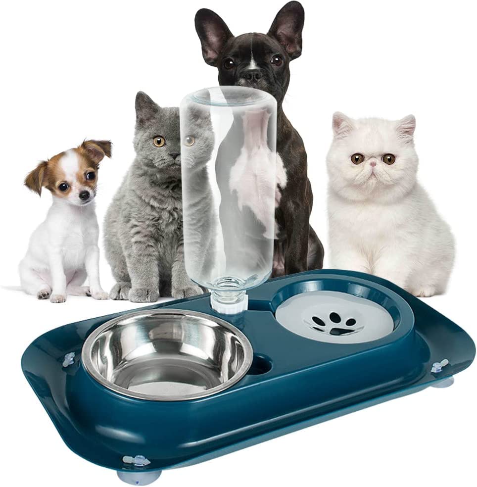 Amdroz Double Dog Cat Bowls, Water And Food Bowl Set With Detachable Stainless Steel Bowl, Automatic Water Dispenser Bottle.