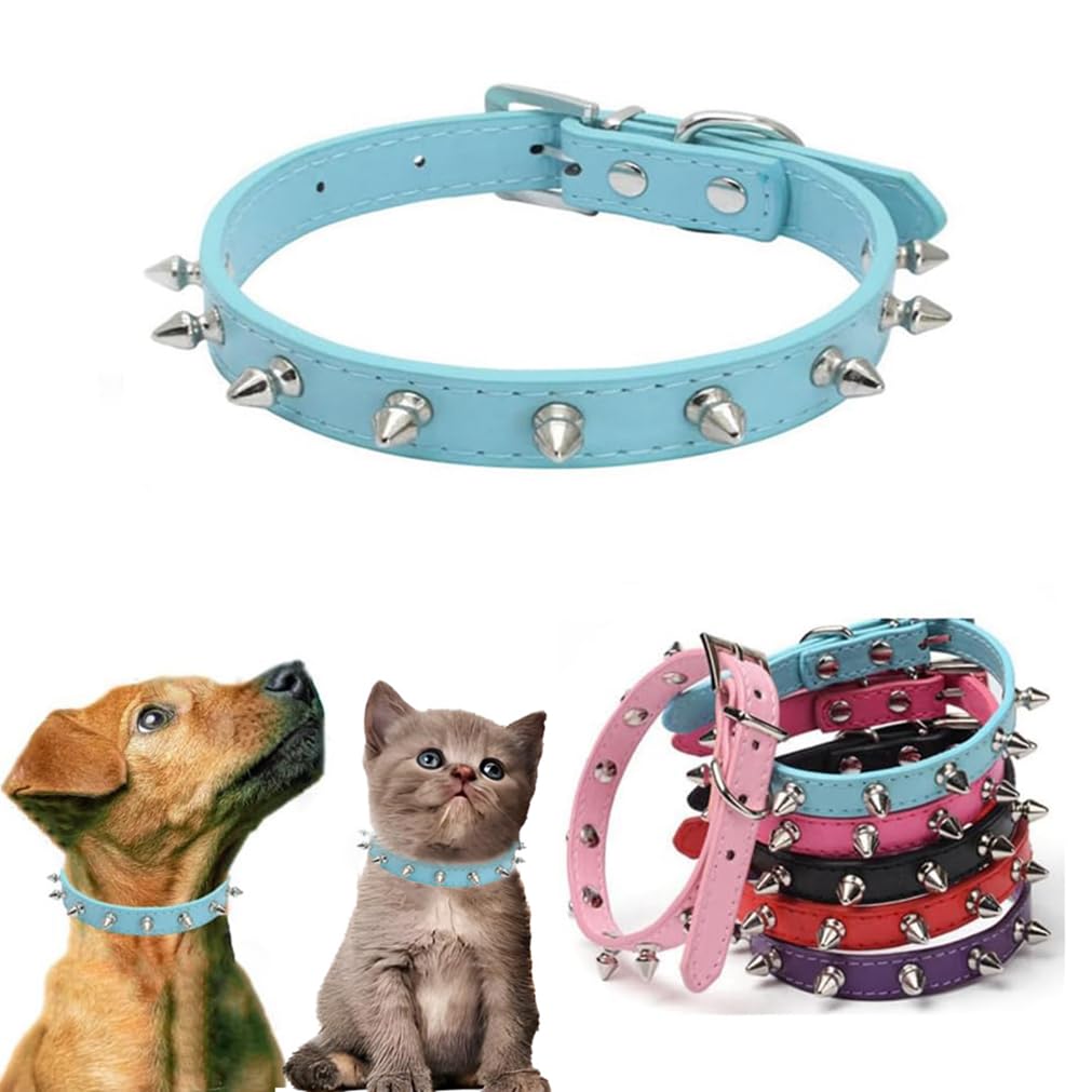 Blue Puppy Collar Boy,Spiked Dog Collar, Studded Spiky Stud Rivet Pu Leather Mushroom Kitten Cat Collars Adjustable For Xxs Xs S