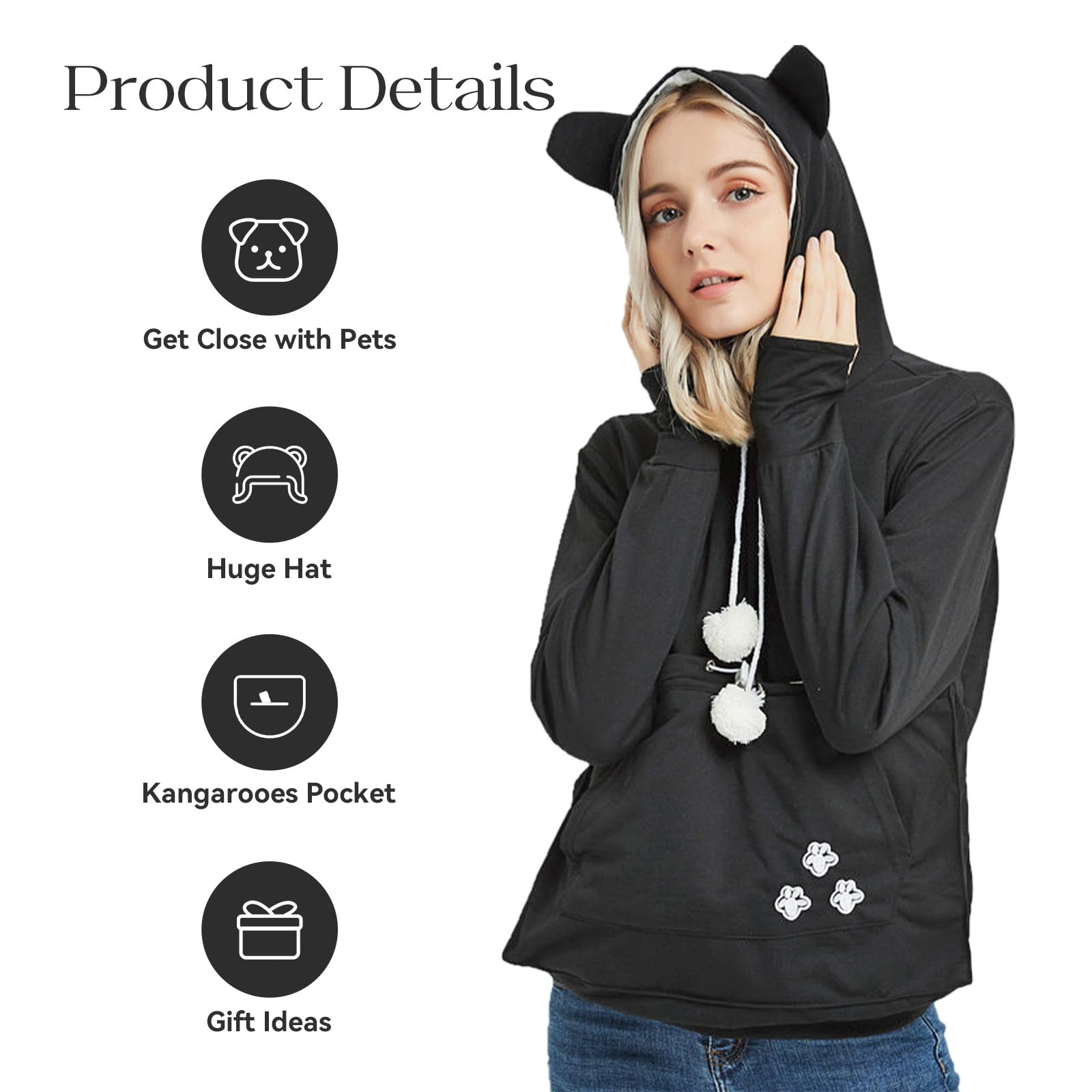 Yyw Womens Pet Hoodies Pullover Sweatshirt Oversized Cat Hoodies Pet Holder Cat Dog Pouch Carriers (Black,Medium)