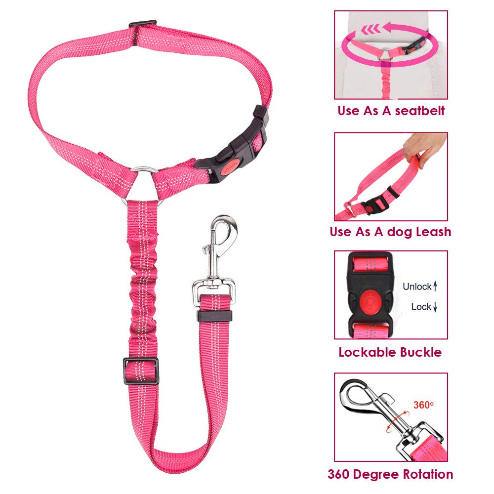 Lukovee Dog Car Seat Belt, 2 Pack Headrest Restraint Seatbelt, Adjustable Pet Safety Leads With Reflective Elastic Bungee For Dog Harness Collar Travel Daily Use (Fluorescent Pink,Headrest)