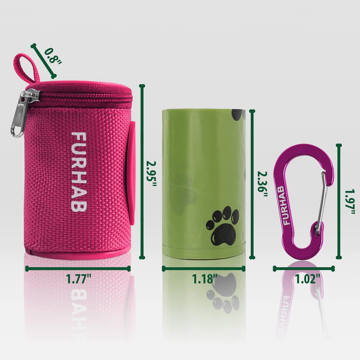 Furhab Dog Poop Bag Holder For Leash Doggie Waste Bag Dispenser Soft Fabric Puppy Potty Carrier Small Doggy Zipper Pouch With Carabiner Clip 1680D Nylon Oxford With 1 Roll Of Pet Trash Bags, Rose Red