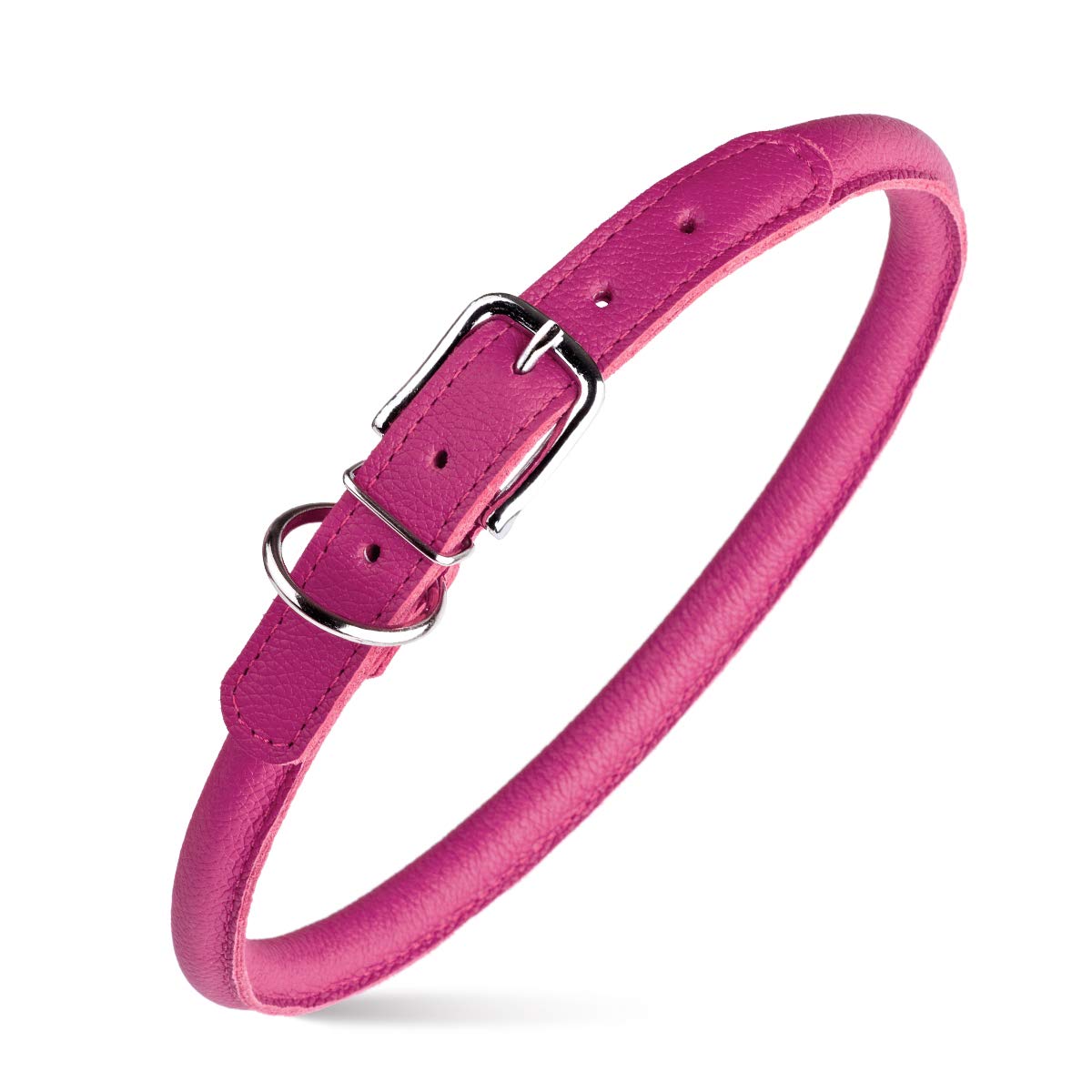 Dogline 1/2-Inch Wide Soft Padded Rolled Round Leather Dog Collar, 22 To 25-Inch Length, Hot Pink