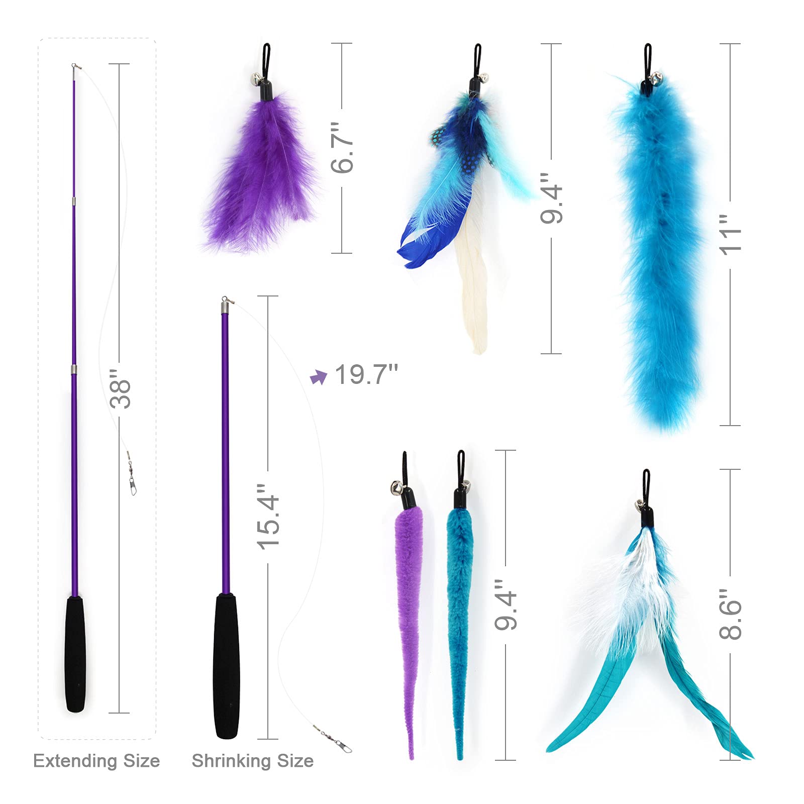 Songway Interactive Cat Feather Toys - 7 Pcs Cat Toy Set, Retractable Cat Wand Toy, Teaser Refills Worm Bird Feathers With Bell, Cat Teaser Toys For Indoor Cats Kitten Play Chase Exercise, Blue