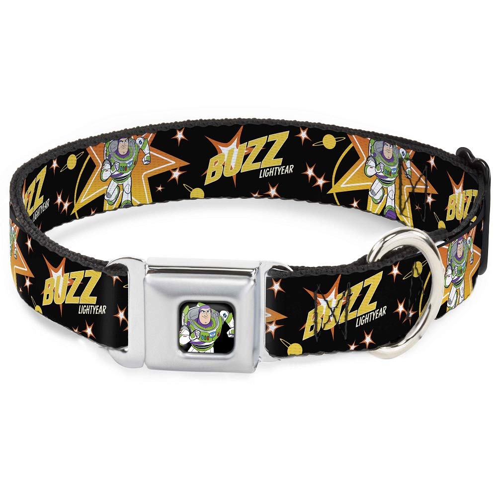 Dog Collar Seatbelt Buckle Toy Story Buzz Lightyear Running Stars Black Orange Yellow 13 To 18 Inches 1.5 Inch Wide