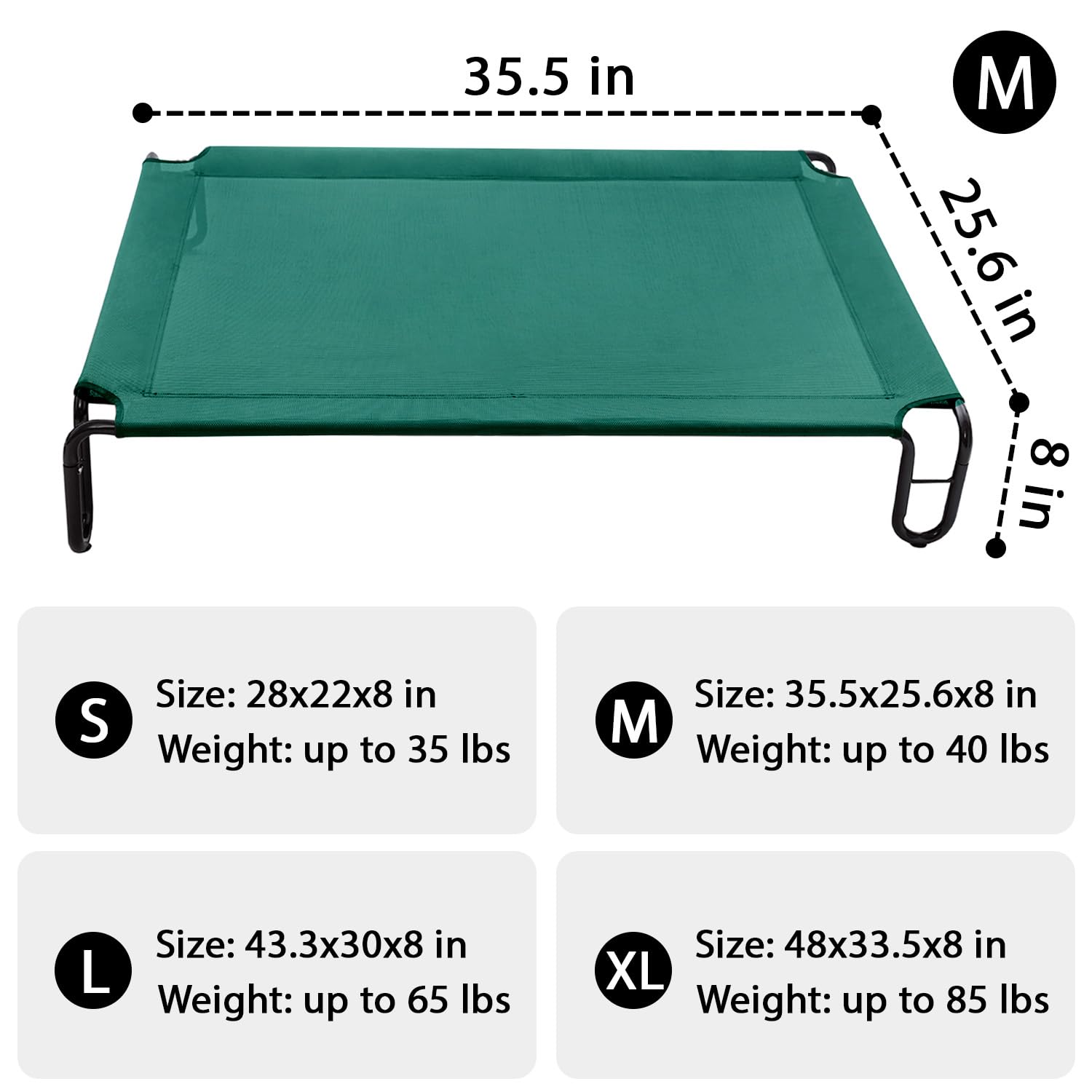 pettycare Elevated Outdoor Dog Bed - Waterproof, Cooling Mesh Cot for Medium Dogs, 35x25.6x8 inches, Green, Up to 40 lbs