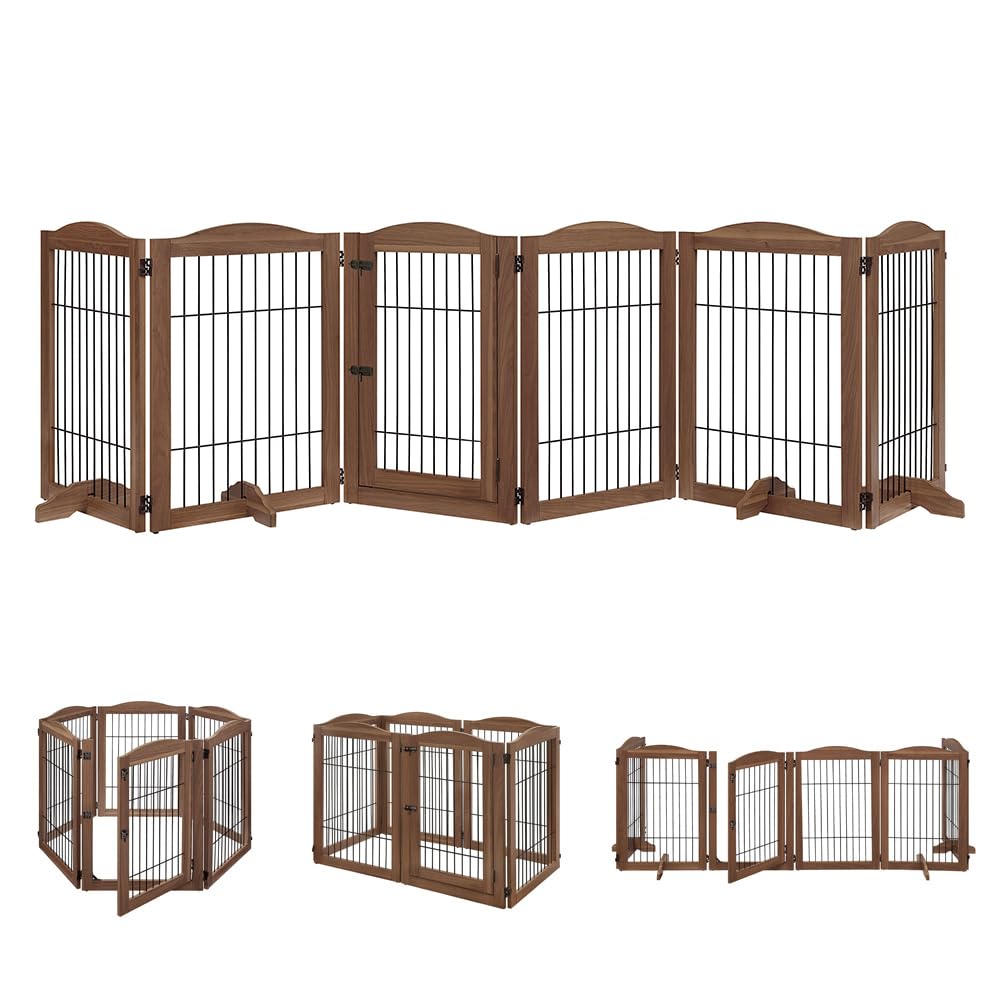 unipaws Pet Playpen with Wood and Wire, 6 Panels Extra Wide Freestanding Walk Through Dog Gate with 5 Support Feet, Foldable Sta