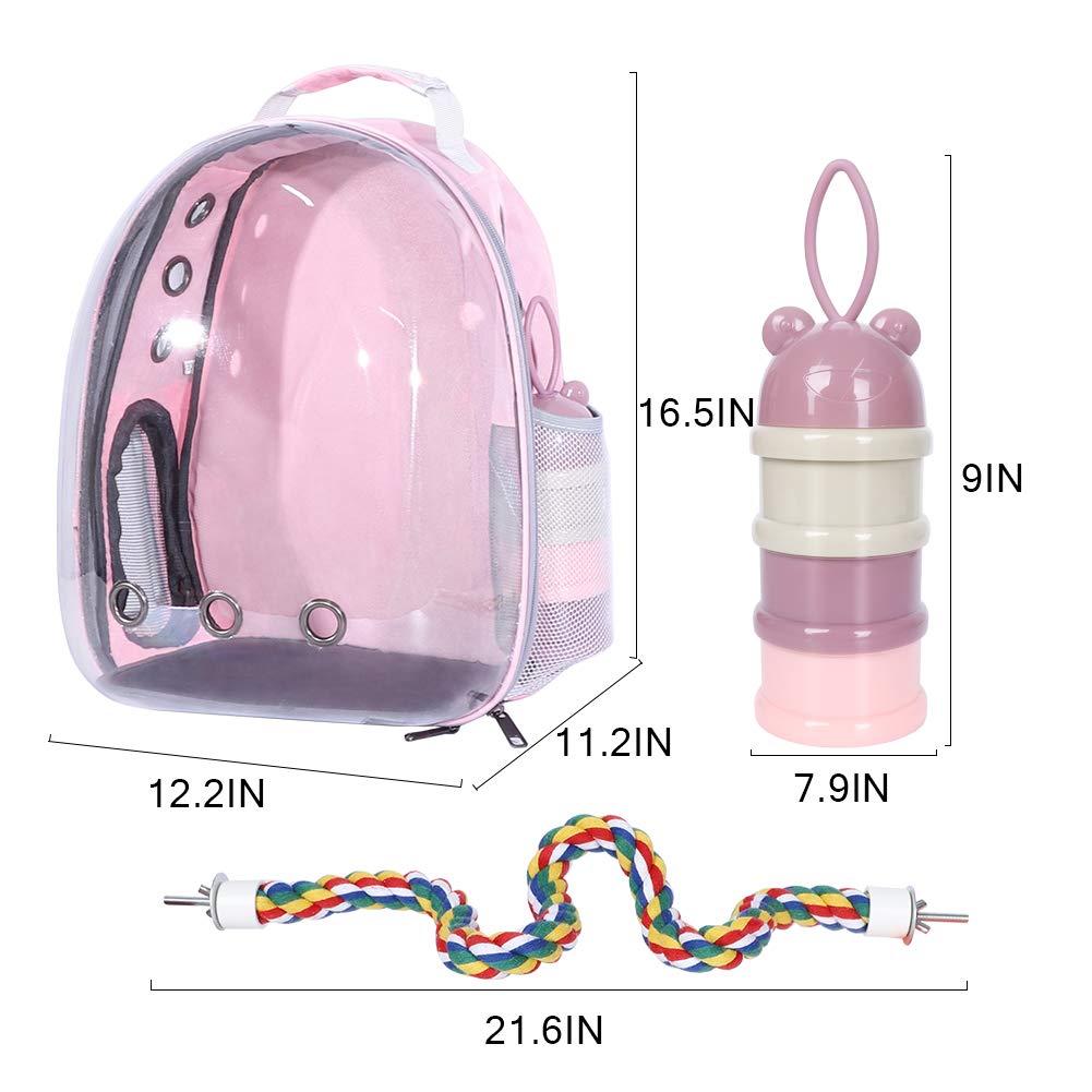 JUNIQUTE Pink Bird Backpack Carrier with Portable Feeder Cups, Airline-Approved, Ventilated Space Capsule for Travel & Hiking