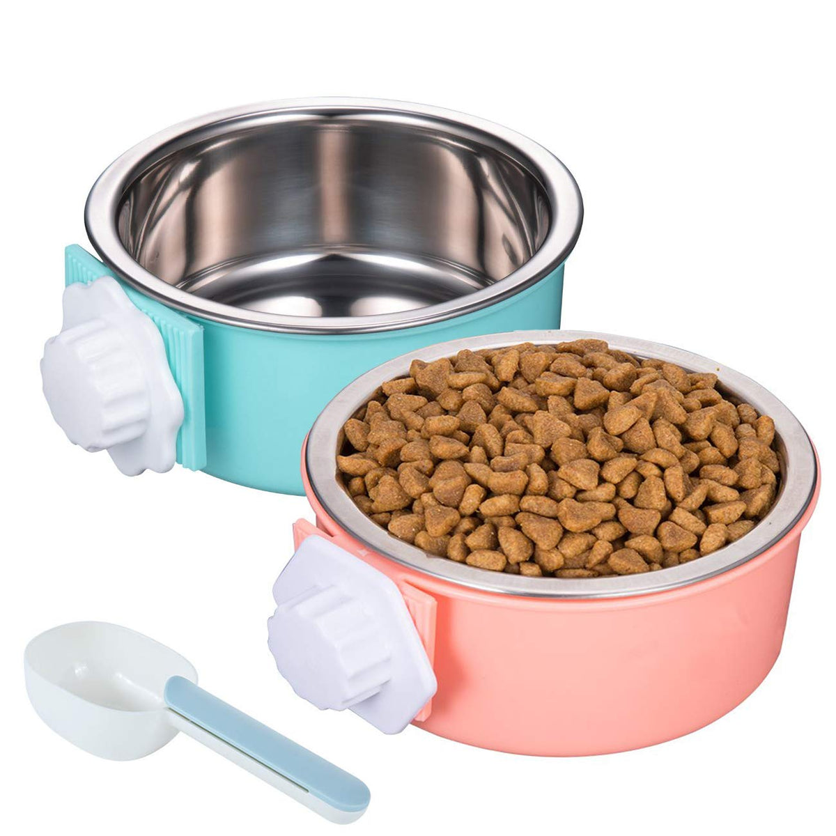 Linifar Crate Dog Bowl, Removable – 2 Pack Of Stainless Steel Hanging Pet Holder Cat Cage Food Bowl & Kennel Water Feeder With Food Spoon For Puppy Bird Ferret Guinea Pig Rat Chinchilla