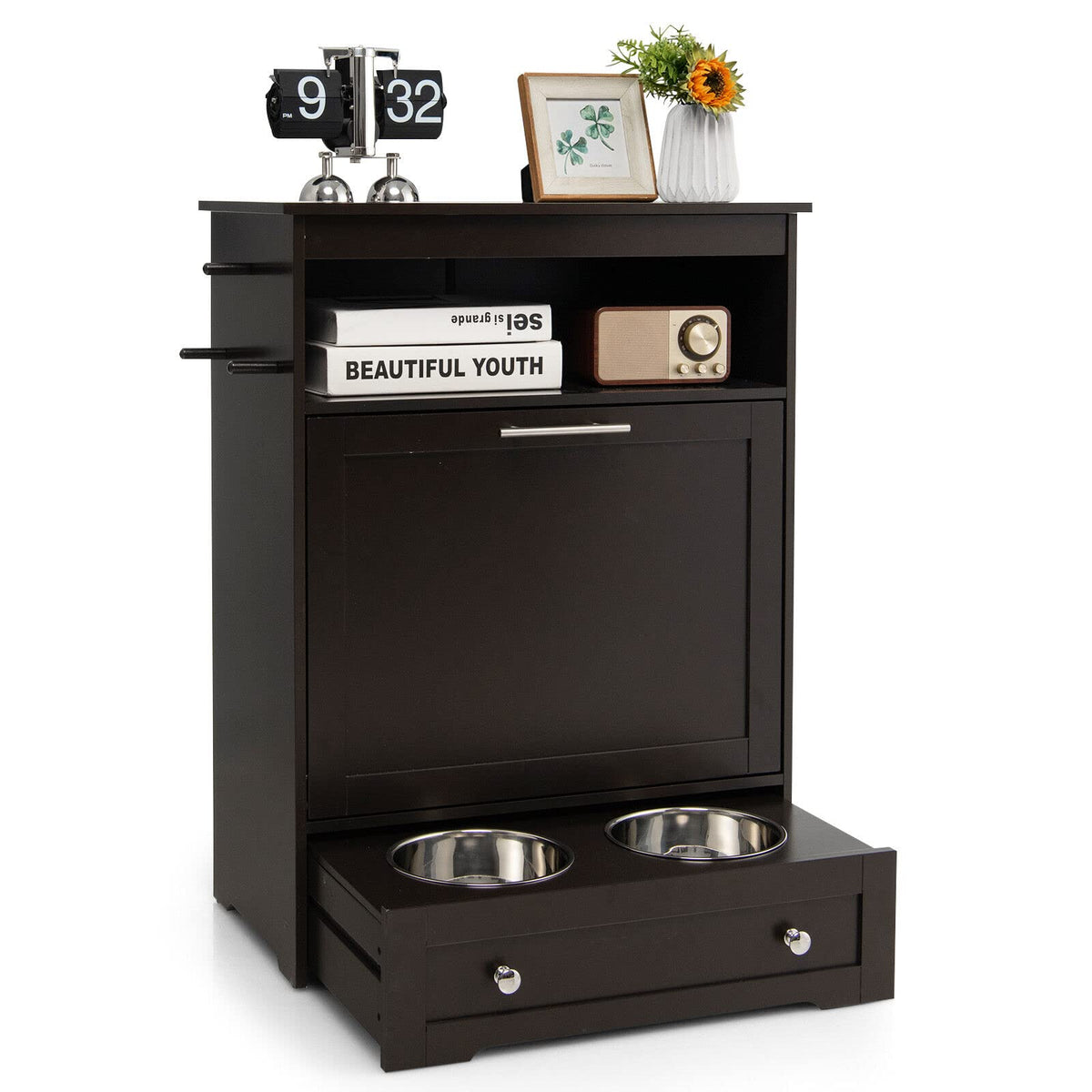Petsite Large Pet Feeder Station, Dog Food Storage Cabinet With Stainless Steel Double Pull Out Raised Dog Bowls For Feeding & W