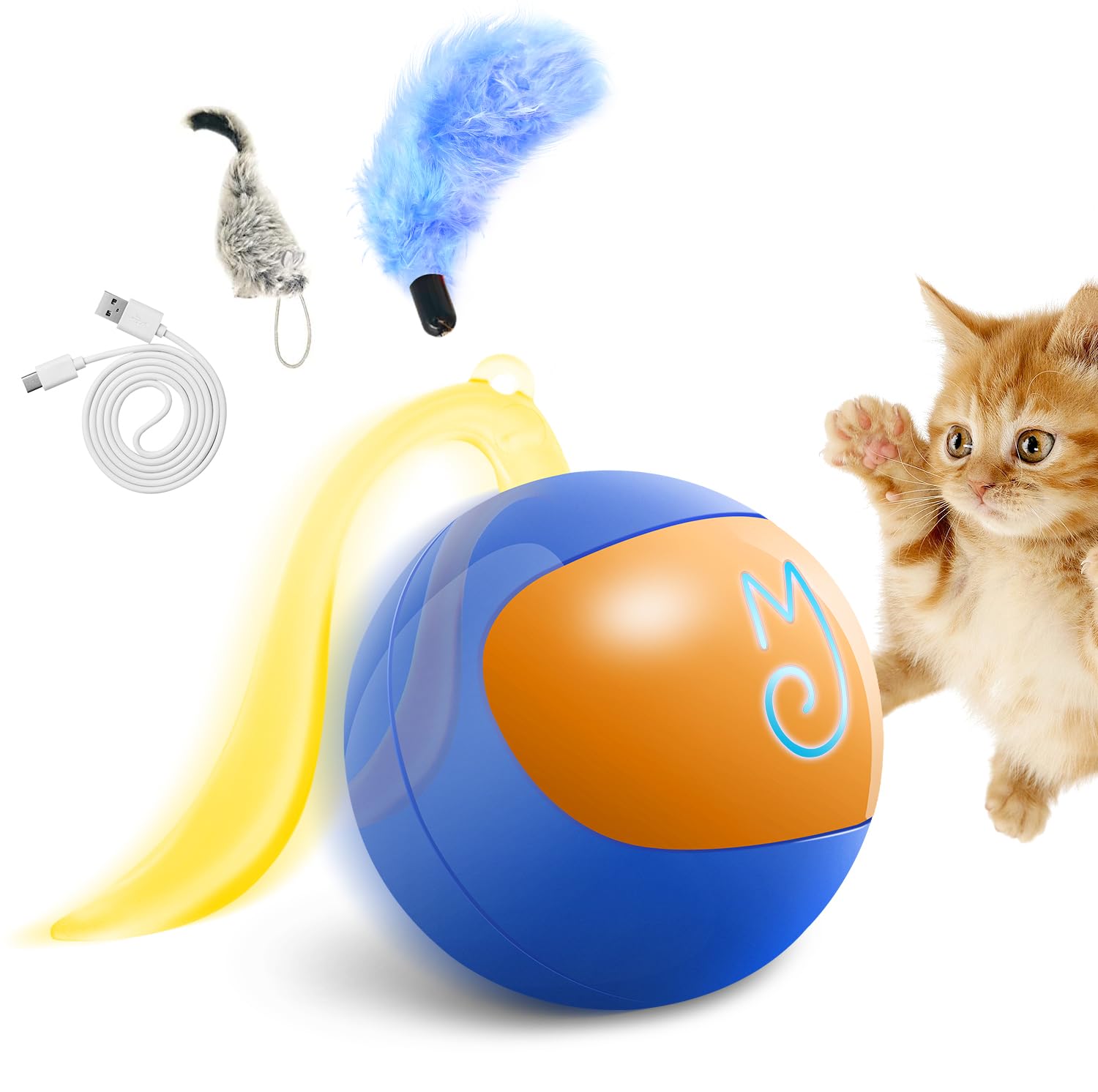 Migipaws Interactive Cat Ball Toy Set, Fun Tracker, Automatic Rolling Chase Ball With Fluffy Tail, A Small Mice, Rechargeable (B