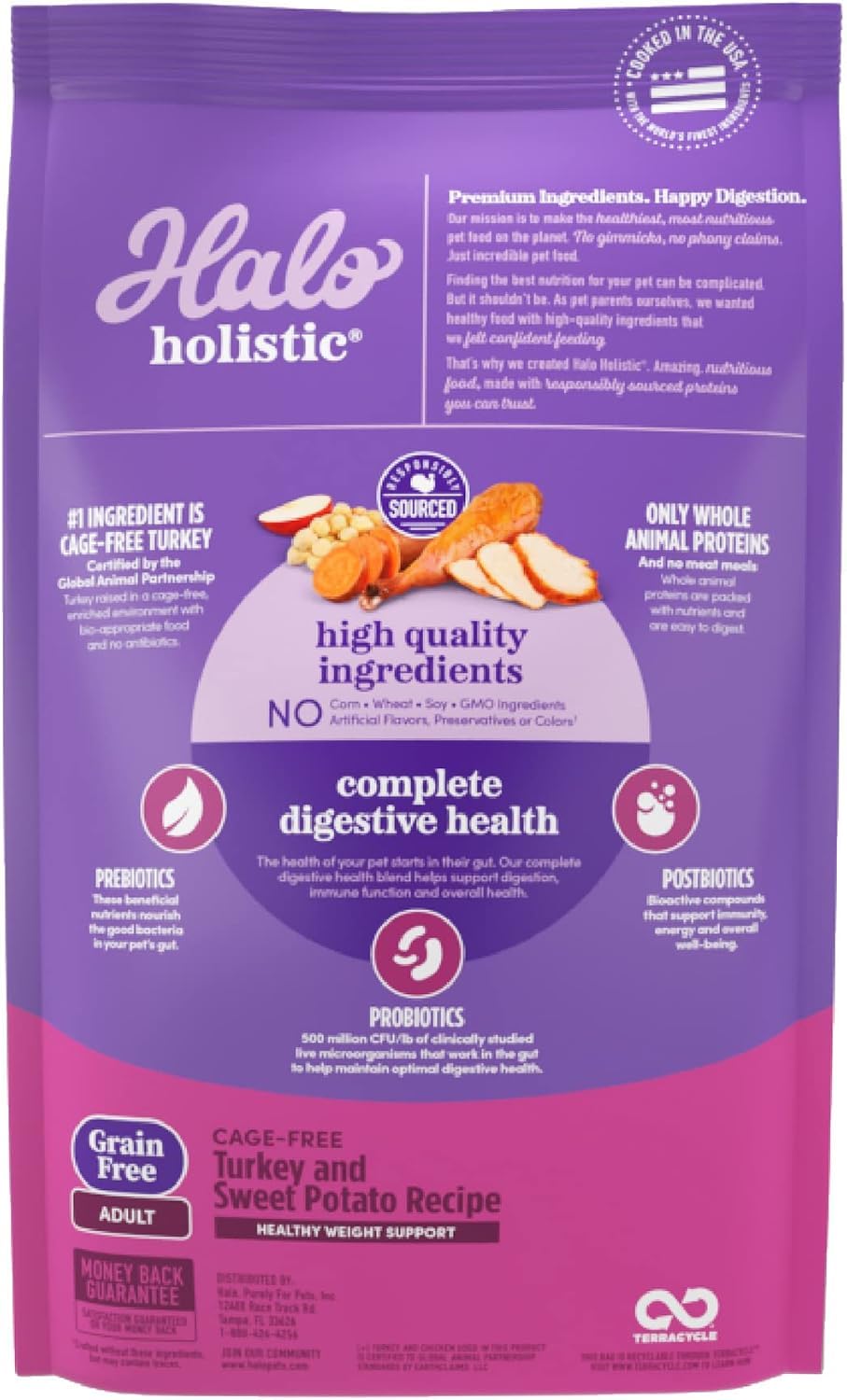 Halo Holistic Dog Food Cage Free Turkey & Sweet Potato Formula, Grain Free Dry Dog Food, for Healthy Weight Support, Kibble for