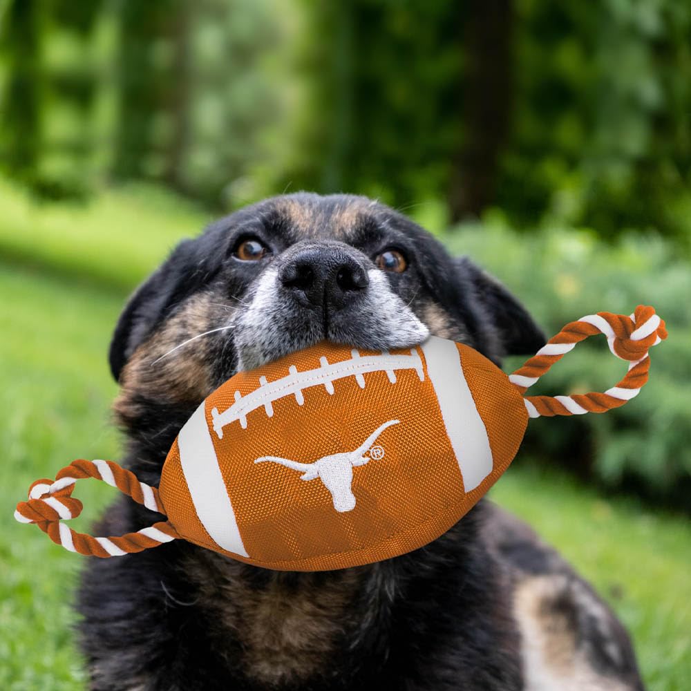 Pets First NCAA Texas Longhorns Football Dog Toy, Tough Quality Nylon Materials, Strong Pull Ropes, Inner Squeaker, Collegiate T