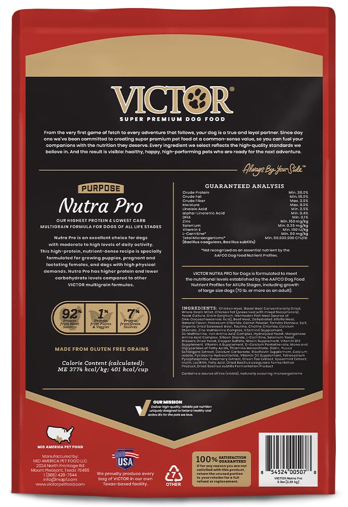 Victor Super Premium Dog Food - Purpose - Nutra Pro - Gluten Free, High Protein Low Carb Dry Dog Food for Active Dogs of All Age