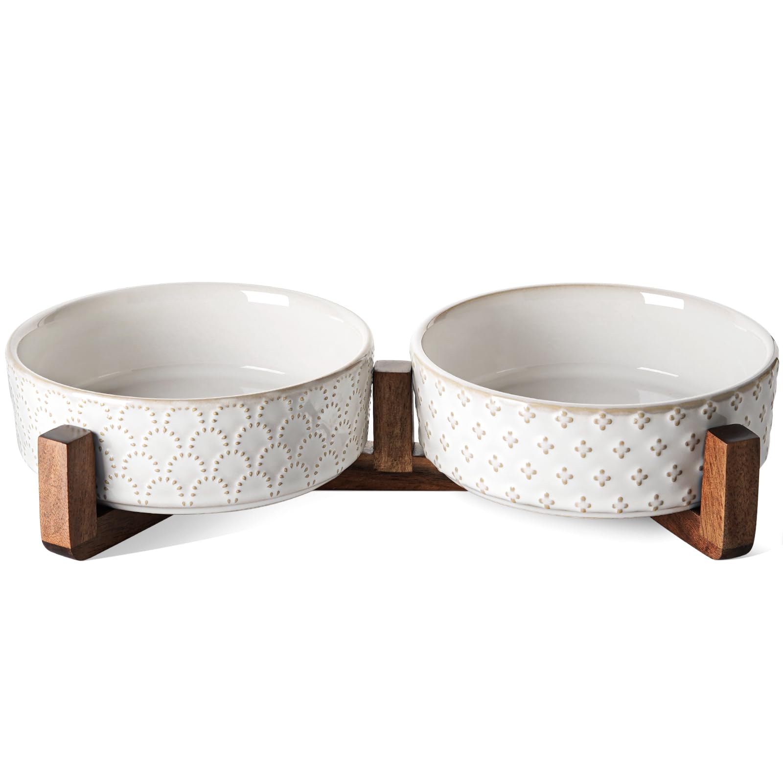 LE TAUCI Dog Bowl Set with Acacia Wood Stand - 1.5-Cup Ceramic Puppy Bowls for Small Dogs, Dual Food and Water Bowls with Weight