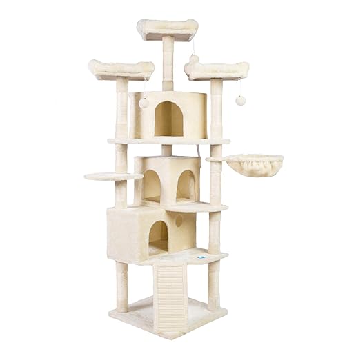 Hey-Brother Xl Size Cat Tree, 73.4 Inch Cat Tower With 3 Caves, 3 Cozy Perches, Scratching Posts, Board, Activity Center Stable For Kitten/Big Cat, Beige Mpj032M
