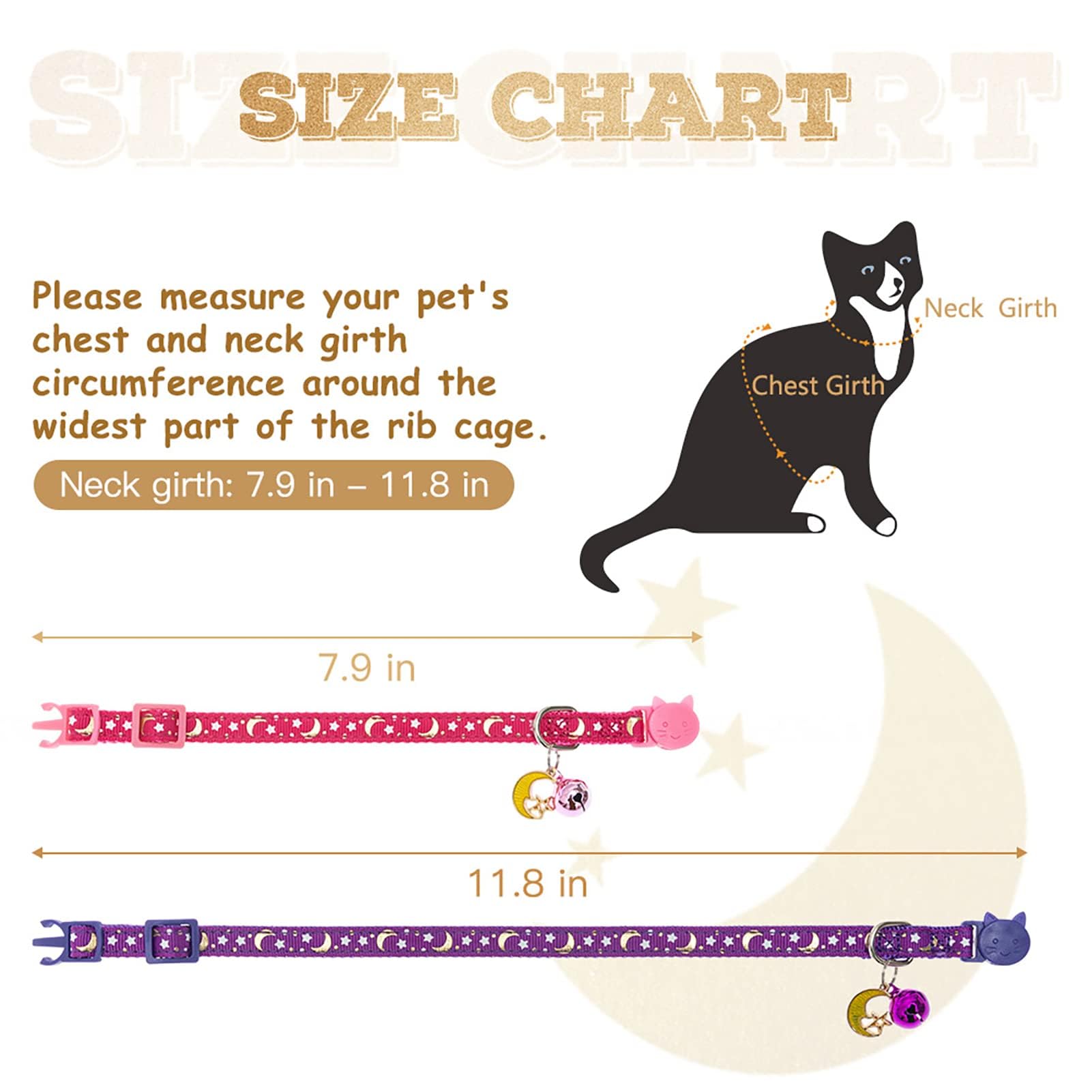 Kooltail Cat Collar Breakaway With Bells - 6 Pack Glow In The Dark - Stars & Moon Charm Pendent Pet Reflective Collars Ideal For Kitten Cats Puppy