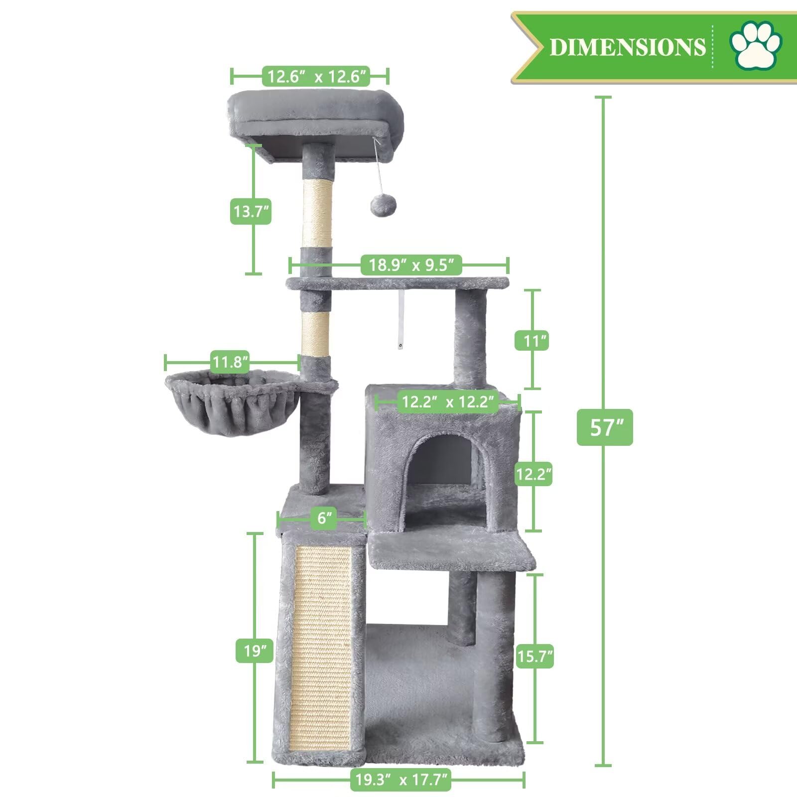 Pempet 57'' Cat Tree Tower For Indoor Cats, Multi-Level Cat Tower Condo With Sisal Scratching Post (Light Gray)