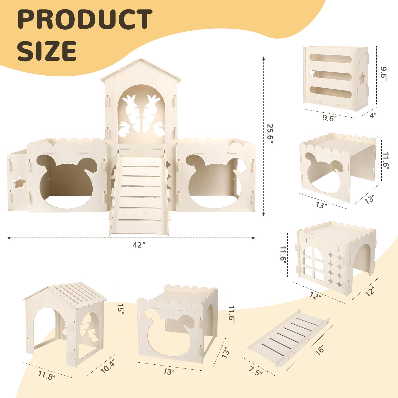 Large Rabbit Hideout Bunny Castle, Wooden Bunny House & Hay Feeder, Detachable Rabbit Hideaway, Indoor Rabbit Castle With Ramp,