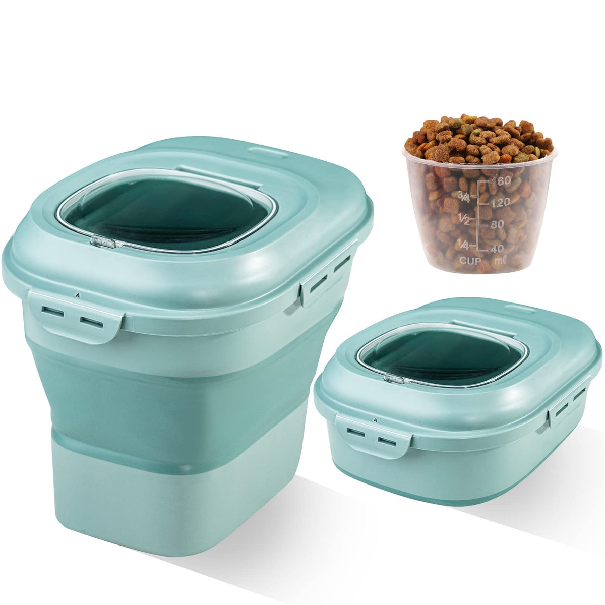 Sut Green Dog Food Storage Container With Lids,30 Lbs Collapsible Pet Cat Storage Container With Wheels, 50 Lbs Airtight Food Storage Containers For Cereal Flour Rice, Leakproof Sealable Dry Holder