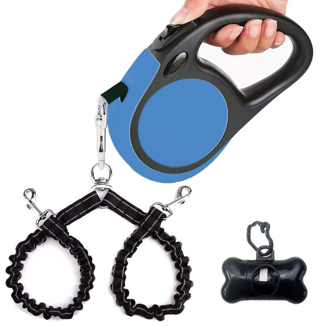 Dual Retractable Dog Leash Small Breed (Up to 44 Lbs Each) - Double Headed 16 ft Extendable Pet Leash with Poop Bags, Non Slip G