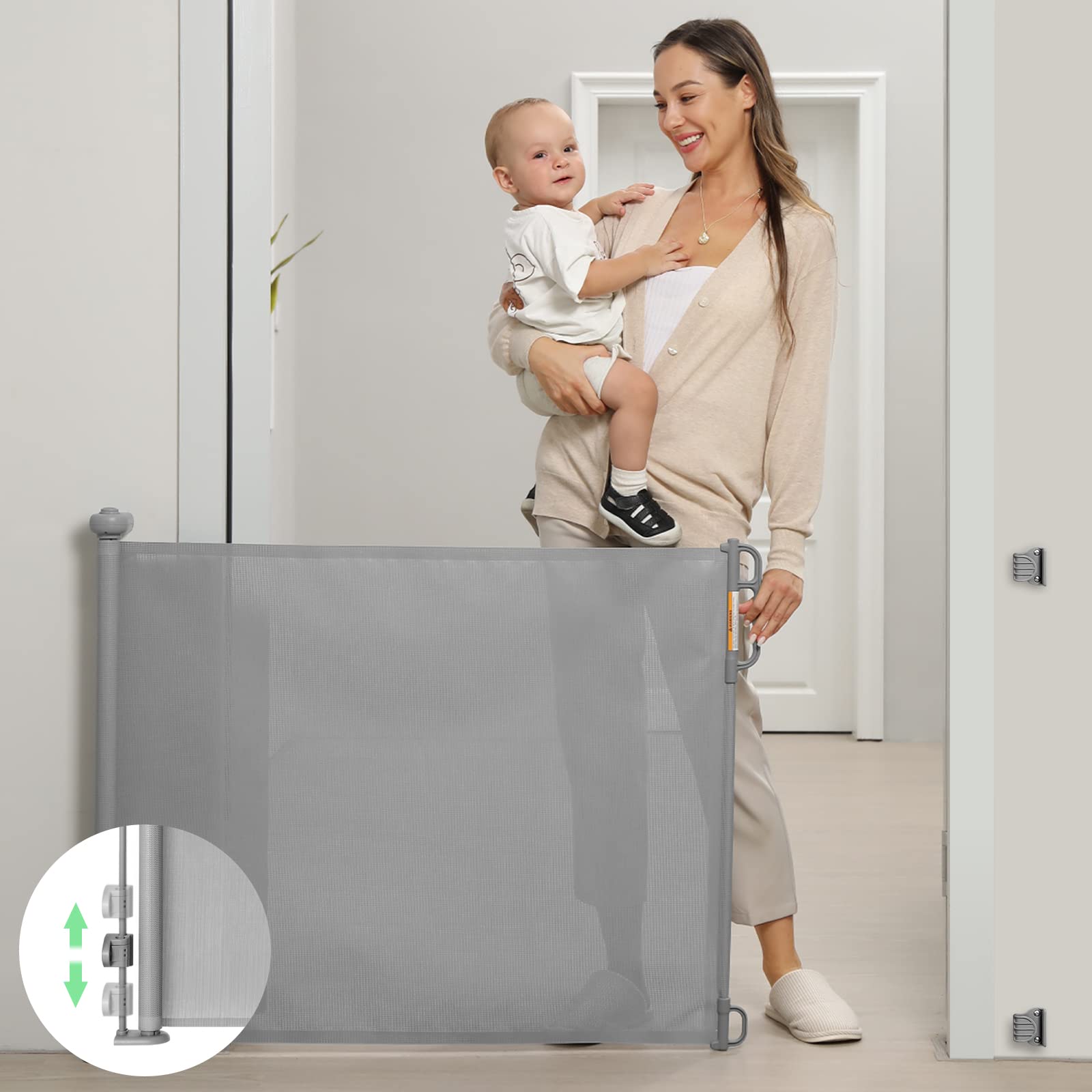 Momcozy Retractable Mesh Baby Gate or Dog Gate, Child Safety Gate for Indoor or Outdoor, 33inches Tall with up to 55inches Wid