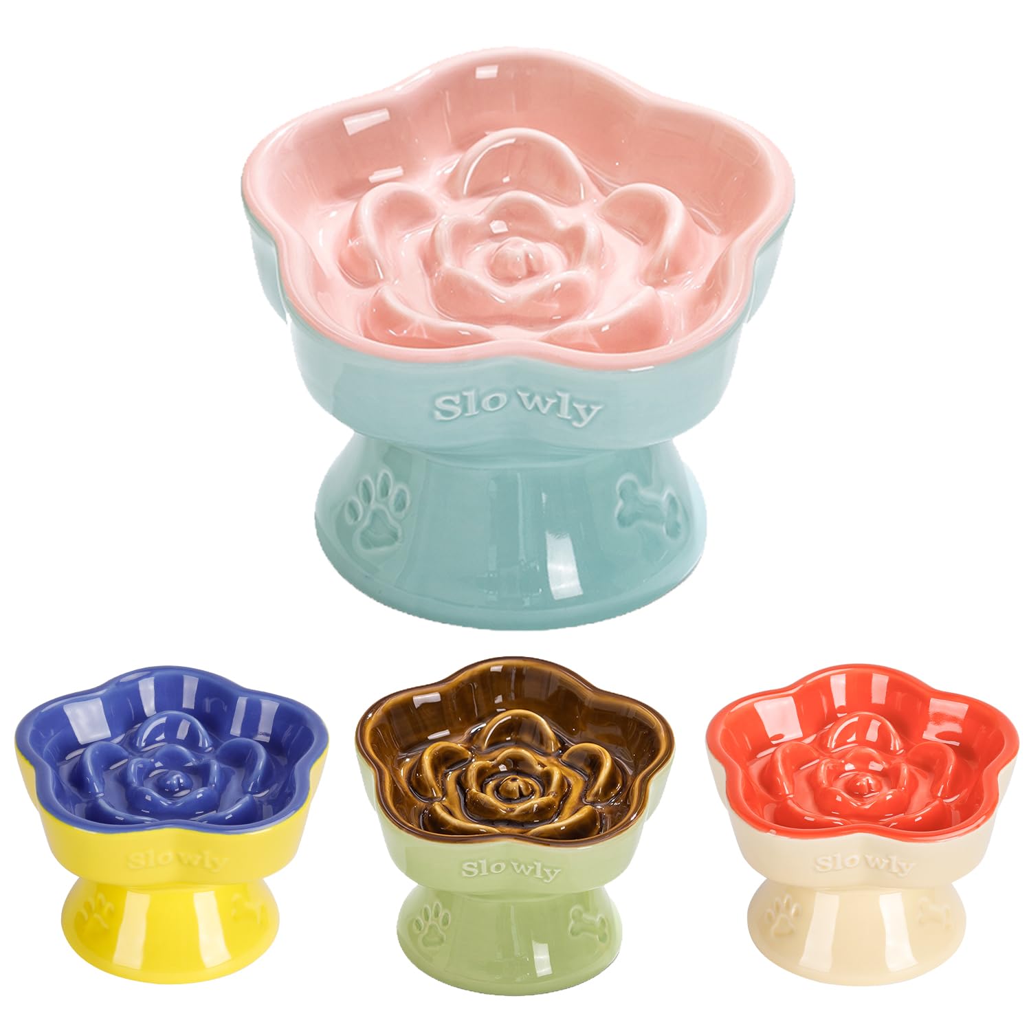 S&Q's CERAMICS Raised Slow Feeder Cat Bowl, Ceramic Elevated and Titled Glass Food Bowl Small Dogs Slow Feeder, Flower Shaped Cu