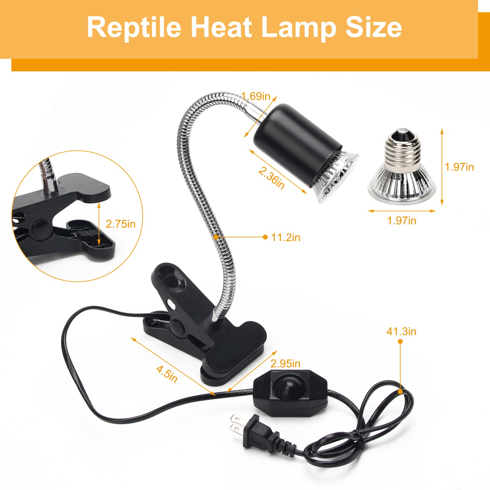 Catcan 50W Reptile Heat Lamps, Uva Uvb Reptile Light With 2 Heat Bulbs, 360°Rotatable Clips Adjustable Switch Heat Lamp For Turtle Lizard Snake Aquarium Amphibian