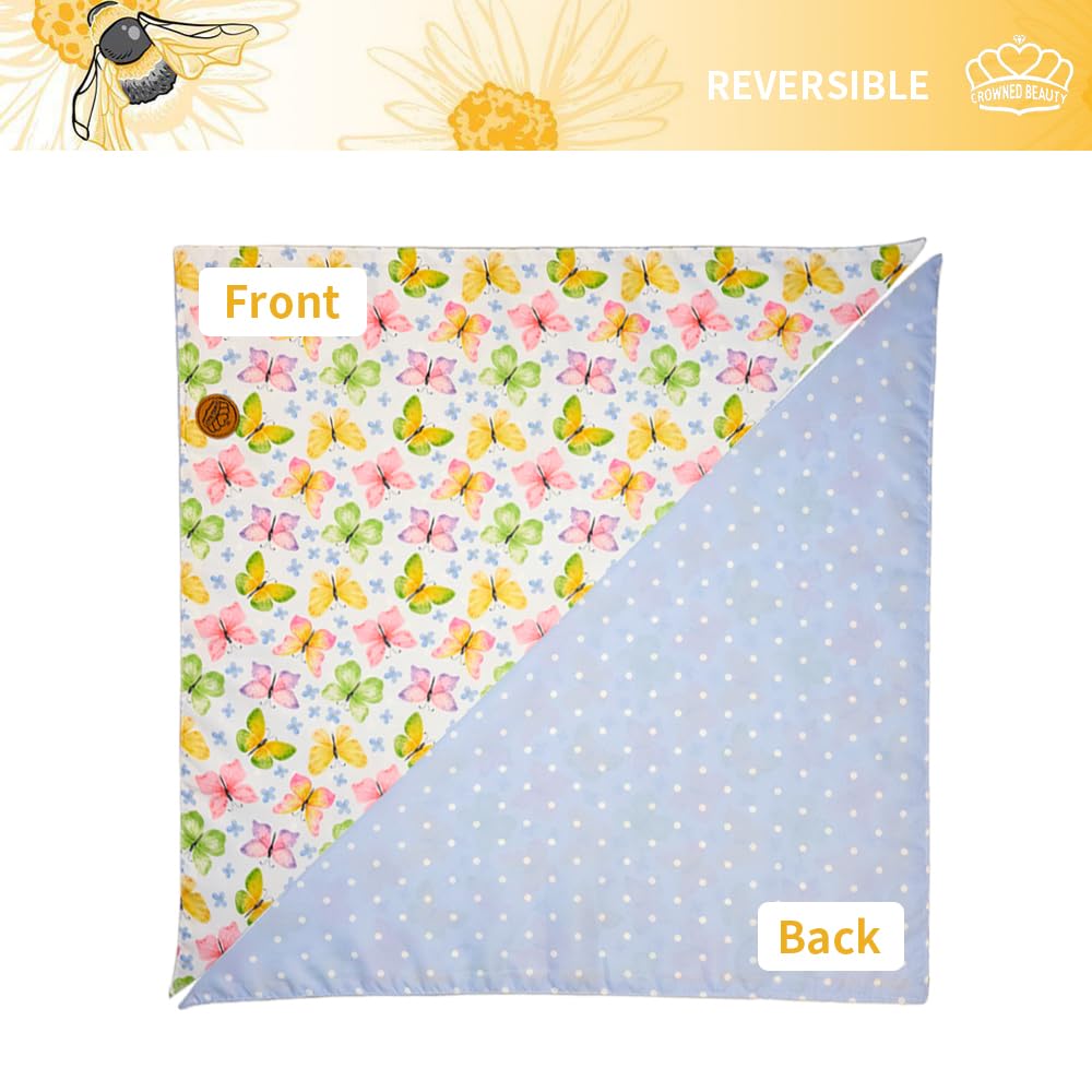 Crowned Beauty Spring Dog Bandanas Reversible Small 2 Pack, Butterfly Blooms Set, Floral Plaid Adjustable Triangle Holiday Scarv