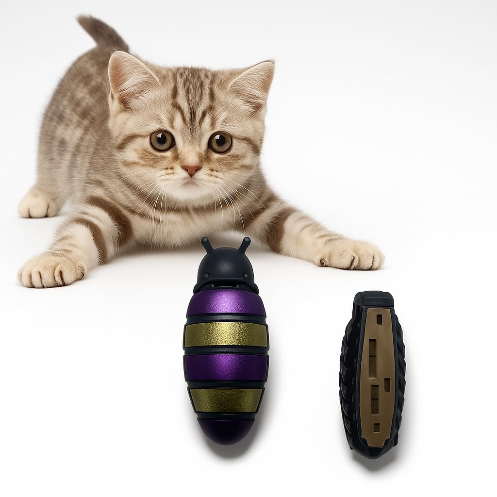 Yellowcult Interactive Running Ladybug Cat Toy With 2 Batteries Included  Purple Grey & Black Electric Obstacle Sensing Bug Wit