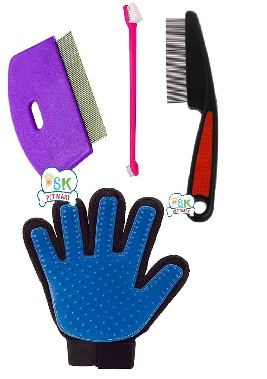 Psk Pet Mart Dog Grooming Kit  Dog Pin Hair Comb + Dog Toothbrush Kit + Dog Flea Comb For Puppies And Dogs + Pet Grooming Glove