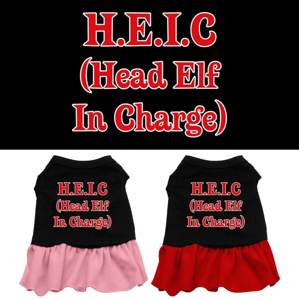 Christmas Pet Dog & Cat Dress Screen Printed, &quot;Head Elf In Charge&quot; Black W/Light Pink XS (0-3 lbs.)
