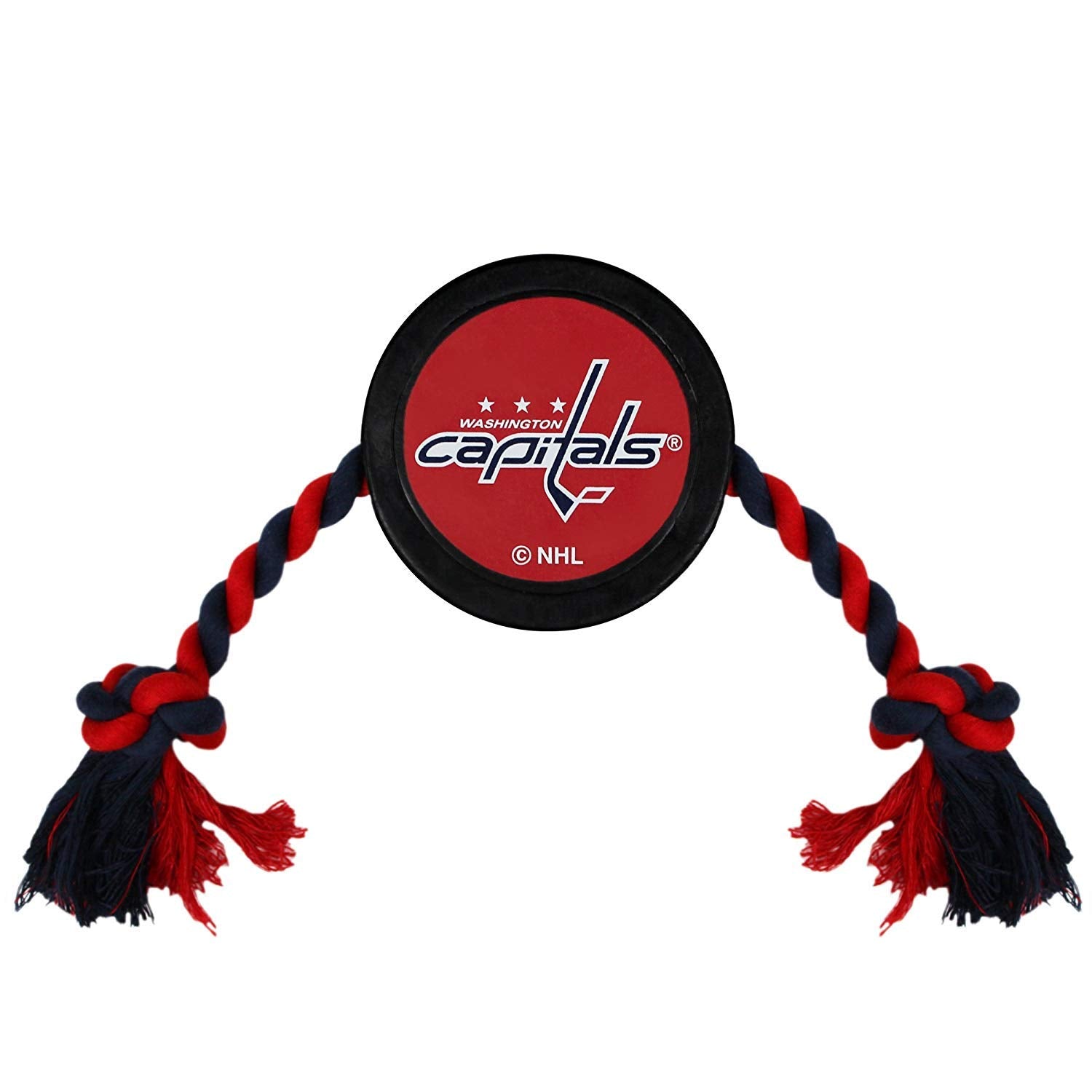 Pets First Tough Rubber Dog & Cat Puck Toy - NHL Washington Capitals Heavy-Duty Rope Tug for Dogs & Cats