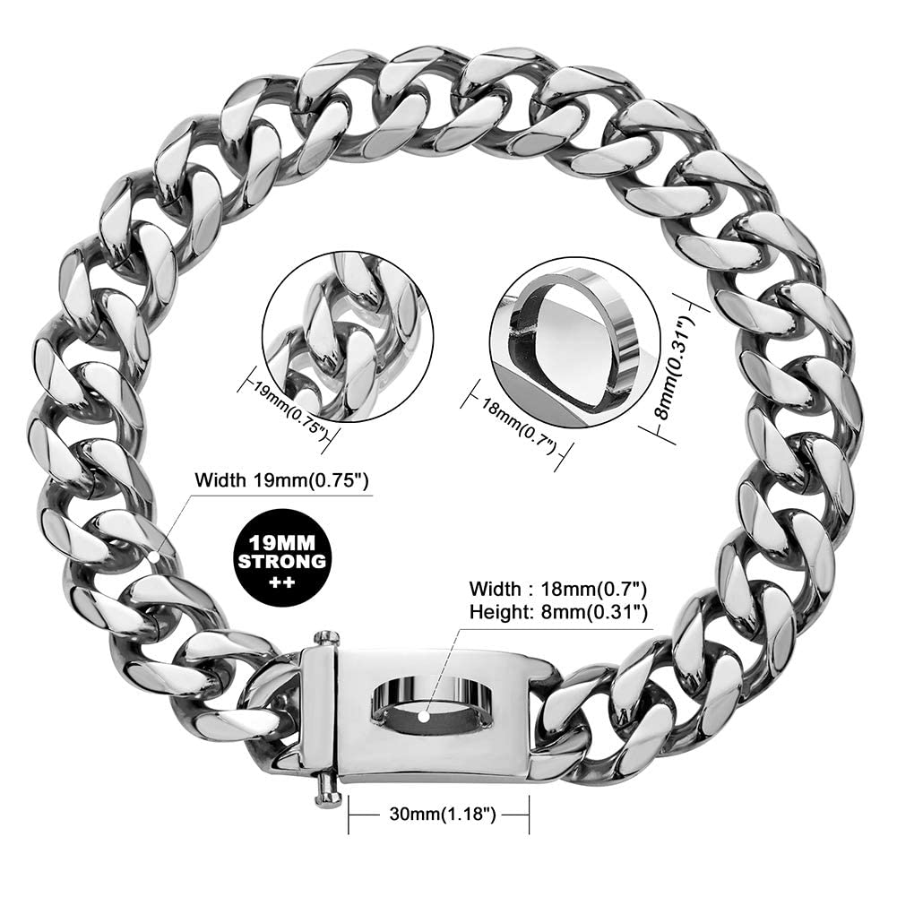 W/W Lifetime Dog Chain Collar Walking Metal Collar With Design Secure Buckle Cuban Link Strong Heavy Duty Chew Proof For Medium Dogs(19Mm, 15')