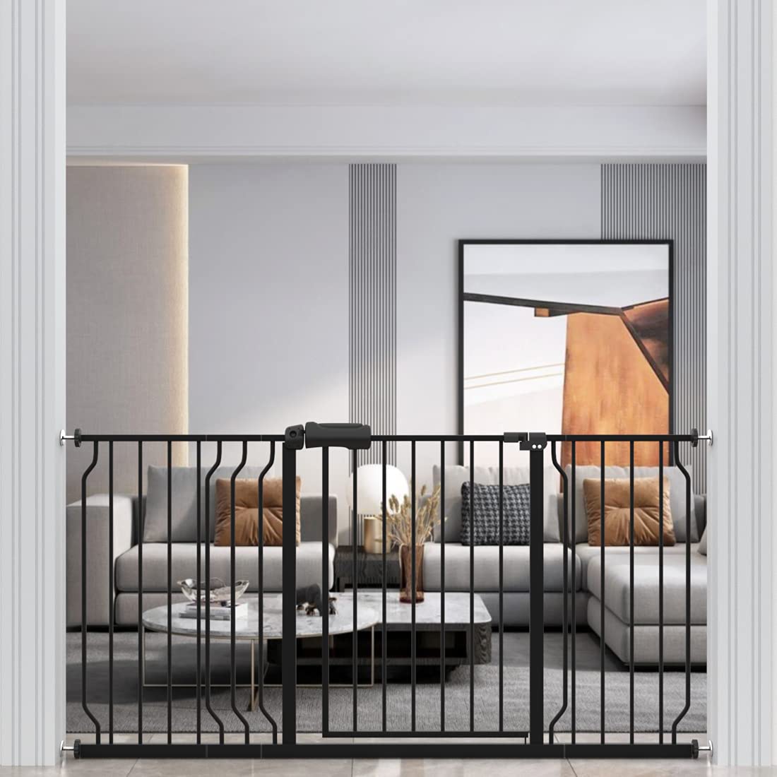 Waowao Baby Gate 57.48-62.20' Extra Wide Pressure Mounted Walk Through Swing Auto Close Safety Black Metal Toddler Kids Child Dog Pet Puppy For Stairs,Doorways,Kitchen