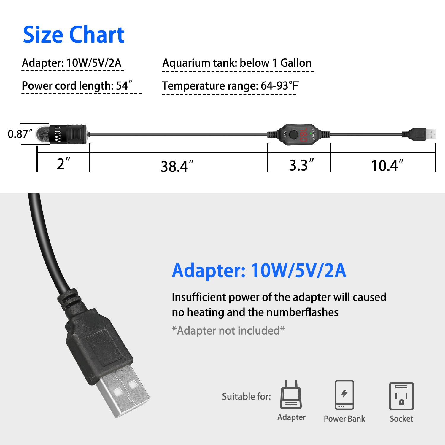 Yofoths Adjustable Mini Aquarium Heater 0.5/1/2/3 Gallon Submersible Small Fish Tank Heater 10W/20W/30W Digital Display Thermostat External Temperature Controller