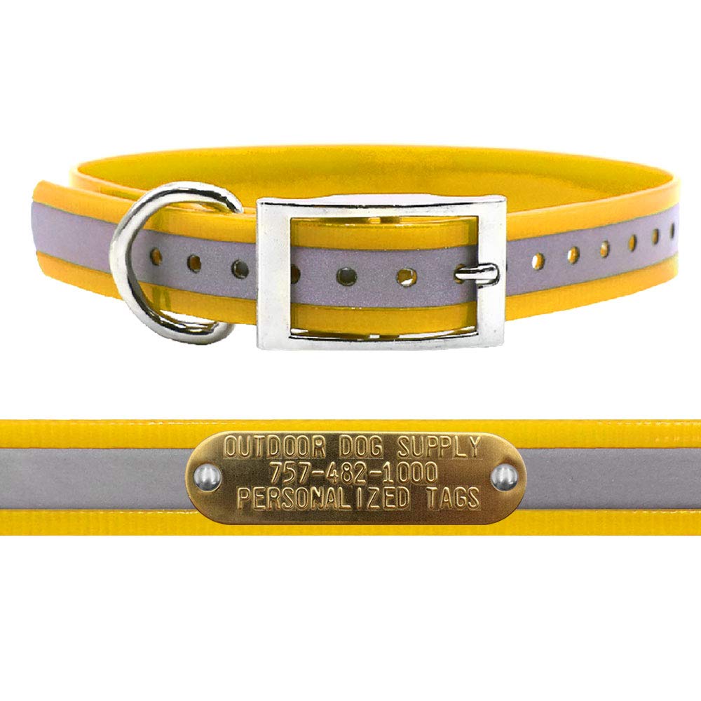 Outdoor Dog Supply's 1'' Wide Reflective D Ring Dog Collar Strap with Custom Brass Name Plate (18'' Long, Reflective School Bus 