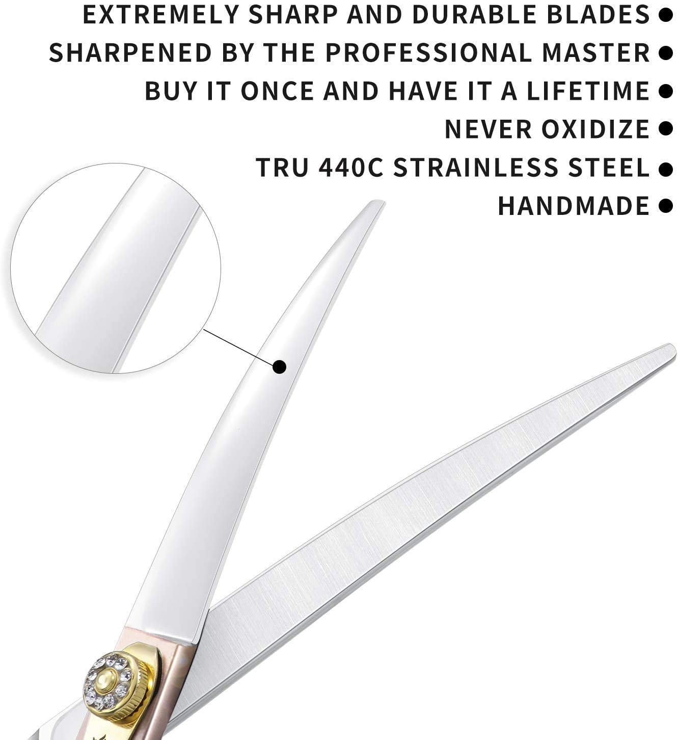 7 Inches Professional Pet Grooming Scissors, 440C Japanese Steel Straight & Curved & Thinning & Chunker Shears/Scissors For Dog Cat And More Pets (7 Inch-Curved Scissors)