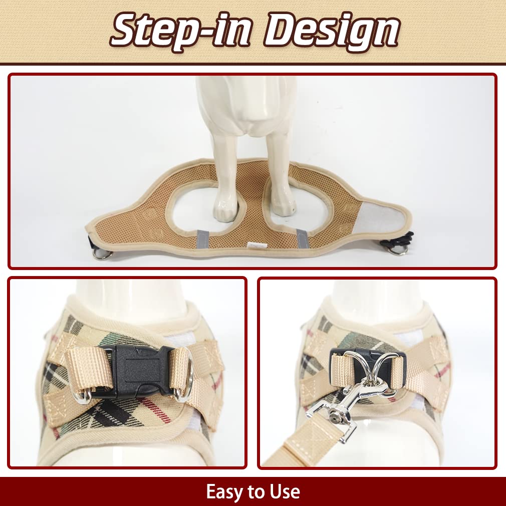 Expawlorer Classic Plaid Puppy Harness - Small Dog Collar And Leash With Airtag Holder Case - Soft Mesh Padded Adjustable Dog Ve