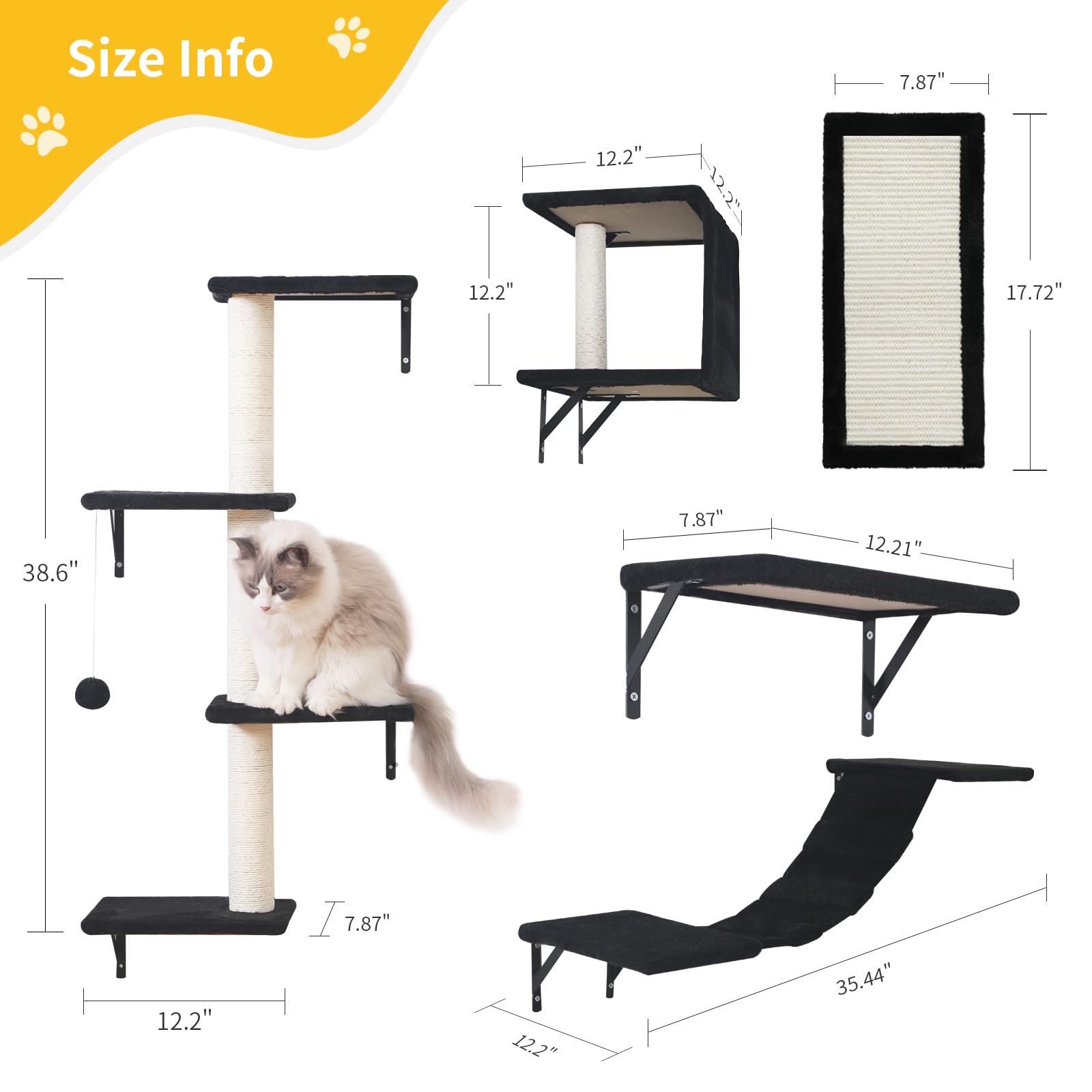 Modern Wall-Mounted Cat Furniture - 5Pcs Cat Wall Shelves, Wooden Climber Includes House, Bridge, Tree, Steps, And Scratcher (Bl